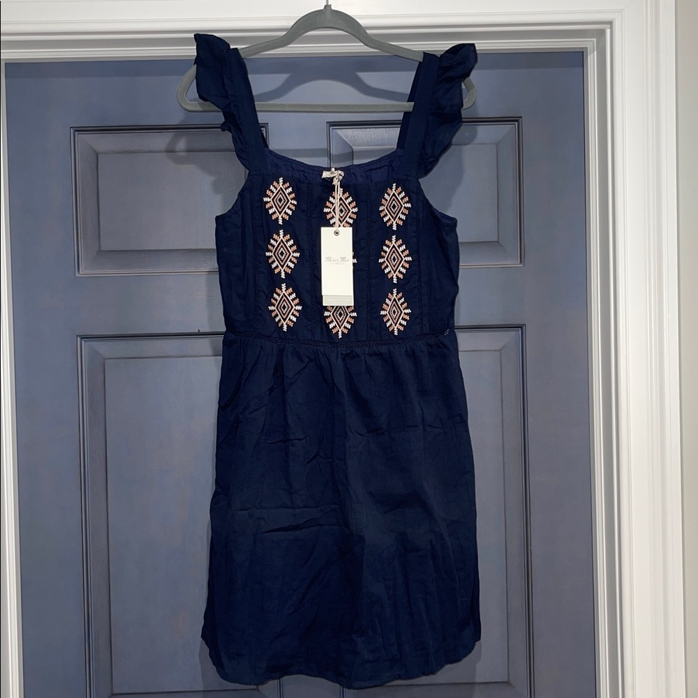Miss Me Navy Boho Embroidered Ruffle Strap Mini Dress‎ Women's Small Lined Rayon